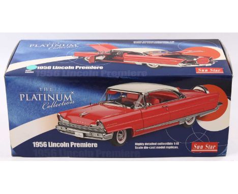 A Sun Star No. 4652 1/18 scale diecast model of a 1956 Lincoln Premier hardtop, finished in Taos turquoise/Summit green, appe