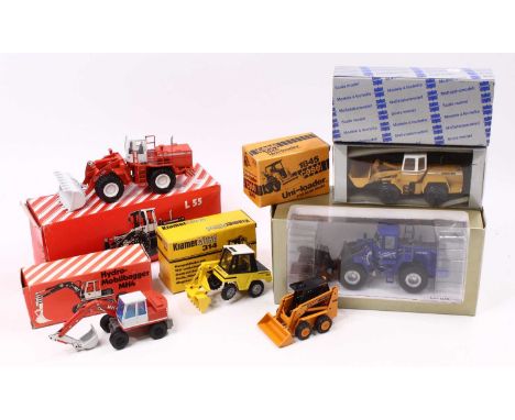 Six boxed 1/50 scale and 1/35 scale models to include Conrad No. 2422 O&amp;K L55 Wheeled Loader, NZG 162 O&amp;K MH4 Wheeled