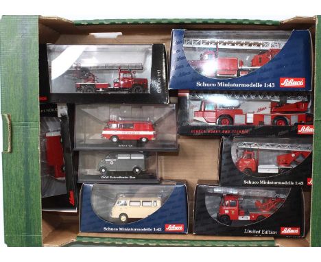 One tray containing a quantity of Schuco 1/43 scale Emergency Services diecast vehicles to include a Schuco Furth D90765 fire