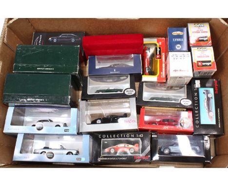 One tray containing a quantity of mixed 1/43 scale diecasts to include a Minichamps Bentley Arnage T, an Oxford diecast Olymp