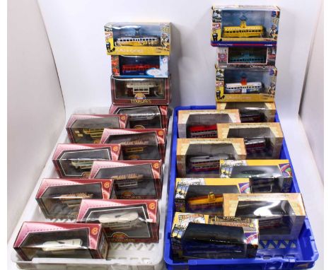 Two trays containing Corgi 1/76 scale The Original Omnibus and Tramlines to include No. OM44011 Blackpool Brush Vale Coach in