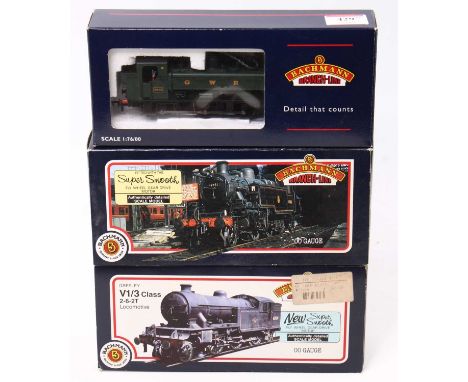 Three Bachmann Branch-line tank locos: 32-200 8750 pannier 0-6-0 No.9643 GWR green; 31-453 Ivatt 2-6-2 No.1206 LMS unlined bl