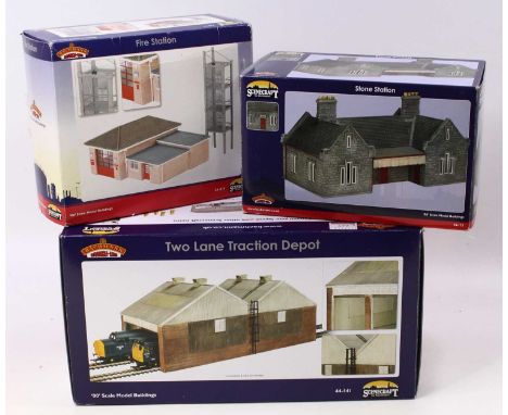 Three Scenecraft (Bachmann) buildings: 44-175 Stone Station; 44-141 Two Lane Traction Depot; 44-075 Fire Station. (NM-M) (BNM