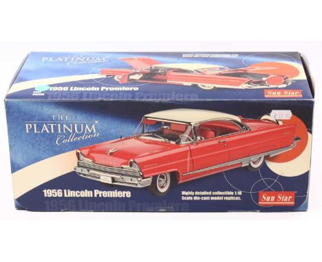 A Sun Star No. 4652 1/18 scale diecast model of a 1956 Lincoln Premier hardtop, housed in the original window display box, fi