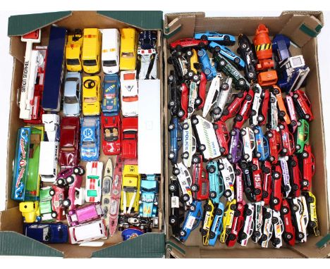 Two trays containing a quantity of mixed larger scale Matchbox Superkings, Corgi and similar diecast vehicles and accessories