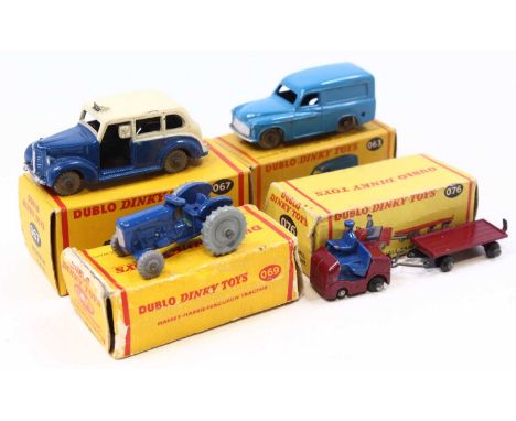 Four Dublo Dinky Toys: 063 Commer van, blue, grey smooth wheels (M) (BE); 067 Austin Taxi, blue &amp; white, grey treaded whe
