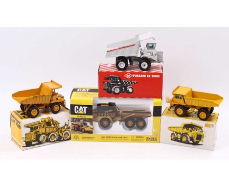 Four boxed 1/50 scale earth-moving diecast models to include; Conrad 276 Cat 769 Off-highway Tipper, Gama 3520 O&amp;K Faun K