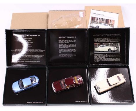 Minichamps 1/43 scale Bentley presentation release diecast group to include a Bentley Arnage R, a Bentley Continental GT, and