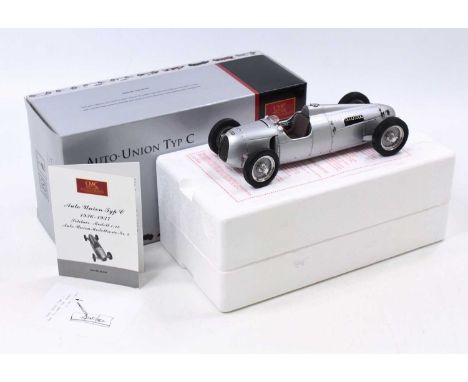 CMC Exclusive models 1/18 scale M-034 Auto Union Typ C 1936-1937 in silver body with matching wired wheels, housed in polysty
