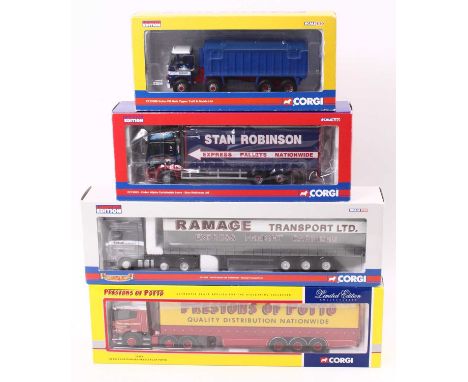 Three Corgi limited edition 1/50 scale modern issue haulage diecast, to include No. 76404 Scania Curtainside Prestons of Pott