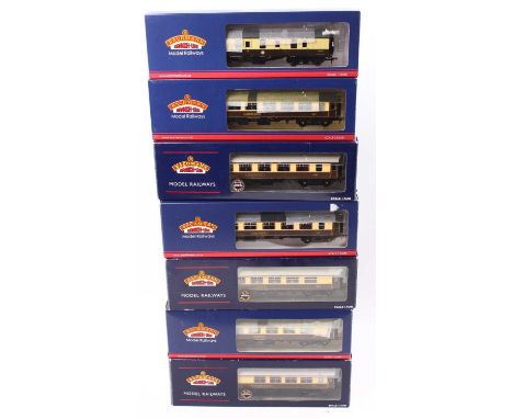 Seven Bachmann Branch-line Mk1 Pullman coaches brown &amp; cream, some with lighting: 39-179B full brake; 39-280B Kitchen 1st