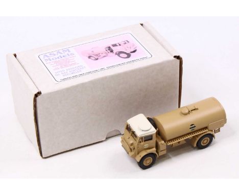 An ASAM Models 1/48 scale white metal kit built model of a Hedge T90 Bedford QL RAF aircraft refueller, having tan body with 