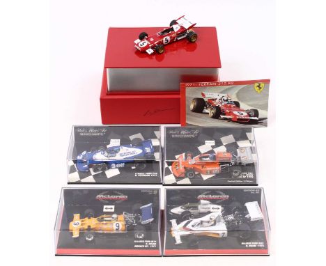 Five 1/43 scale 1970s Formula 1 modern issue diecast to include; Hot wheels Ferrari 312B2, Minichamps Mclaren M19 D.Hulme, Mi