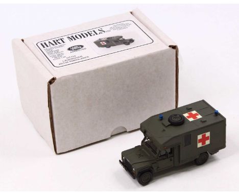 A Hart Models 1/48 scale white metal and resin kit model of a HT110 Landrover XD130 ambulance, in military green body with ma