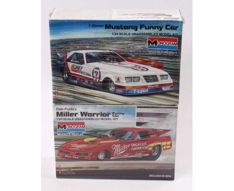MONOGRAM 1.24 scale, Funny Car kit, 2710 ‘7-Eleven/Chief’ Mustang Funny Car Bruce Meyer &amp; 2712 ‘Miller Warrior’ Firebird 