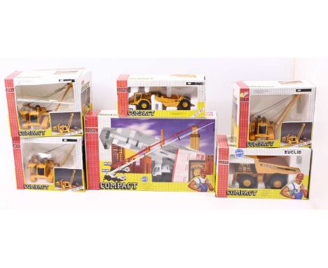Joal Compact mostly 1/50 scale group of 6 boxed models to include; No.224 Pipelayer C-591, No.219 Wheel Tractor Scraper 631D,