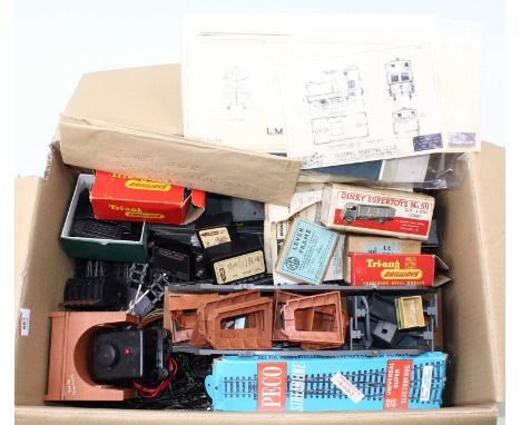Large box of 00 gauge early Triang track with one Jouef and 3 Peco points, some Triang platform sections, girder bridge, some