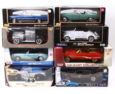 Eight boxed 1/18 scale modern issue diecast models to include Maisto Special Edition 1967 Chevrolet Camaro RS, Signature Mode