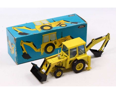 An NZG 1/32 scale model of a No. 130 Ford Backhoe Loader of usual colourway, housed in a Ford pictorial box