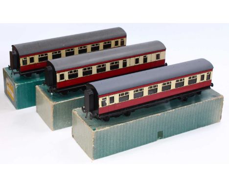 Three post-war Bassett-Lowke (Precision  Models) maroon &amp; cream bogie coaches: No.113/0  all/3rd no.9272 slight indentati