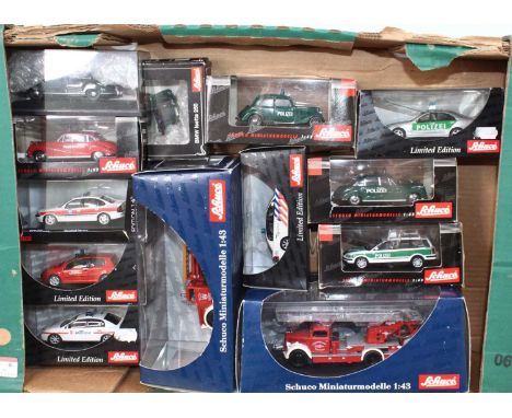 One tray containing a quantity of Schuco 1/43 scale limited edition emergency service vehicles, to include an Opel Blitz S 3-