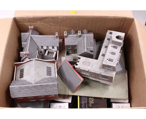 Box of scenic items: 15 Bachmann Scene Scapes trees on original boxes (VG-E) (BVG) dusty; box of Hornby elevated track suppor