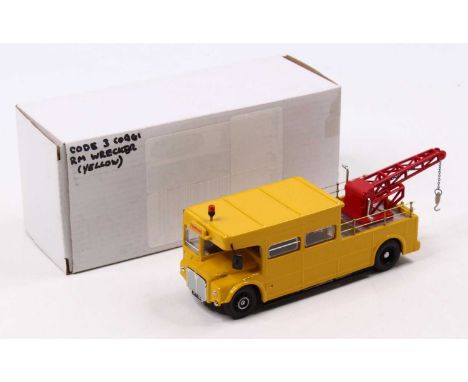 Corgi Toys Code 3 1/50 scale diecast model of a Wrecker Bus Breakdown Routemaster having yellow body with a red jib, with Tow