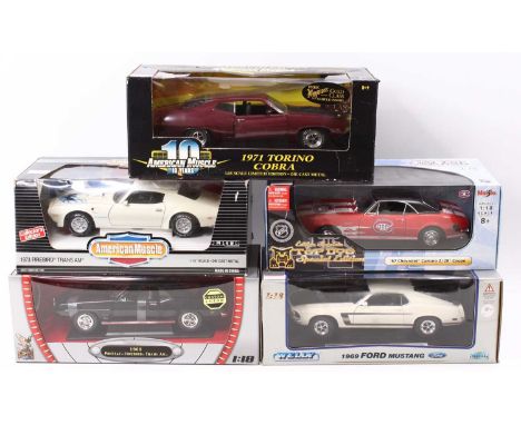 Five boxed 1/18 scale modern issue diecast models to include American Muscle 1973 Firebird TransAm, Road Signatures 1969 Pont