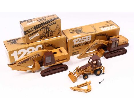 A Conrad Case 1/35 scale excavator boxed three models, to include; No. 2965 Case 125B excavator, No. 2962 excavator 1280, and