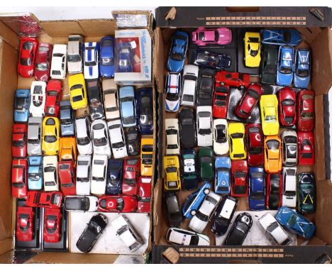 Two trays containing a quantity of mixed loose 1/43 scale diecast vehicles to include Norev, Minichamps, De Agostini, and oth