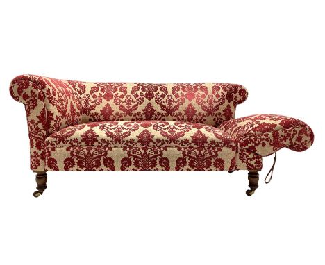 Late Victorian two seat traditional shape settee, adjustable staggered drop end, hardwood framed, upholstered in red and pale