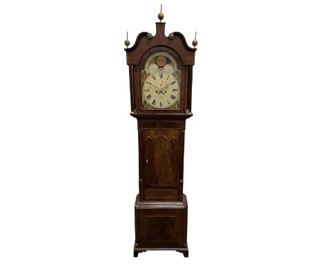 19th century mahogany longcase clock, the hood with triple finial and scroll top over glazed stepped arch door and fluted col