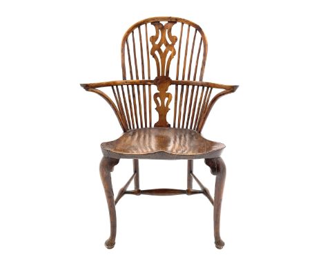 Late 18th century yew wood and elm Windsor armchair, double hoop and stick back with pierced 'Chippendale' type splat, dished