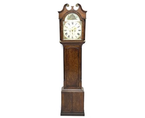 Early 19th century oak longcase clock, swan neck pediment over stepped arch glazed hood door and fluted pilasters, Roman enam