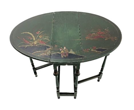 Early 20th century Japanned green lacquered dropleaf table, decorated in relief with figures and birds in a landscape, raised