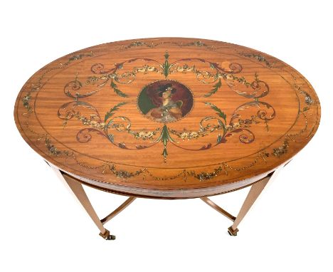 Edwardian Sheraton revival satinwood and painted centre table, oval top with hand painted portrait of woman wearing a hat, su
