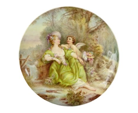 Late 19th century porcelain plate, hand painted by Frederick Sutton, depicting a female figure and putto within a wooded land