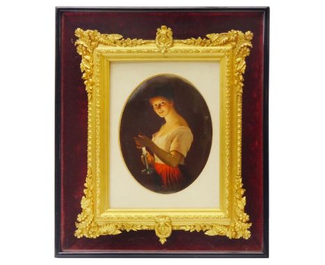 19th century Hutschenreuther porcelain plaque, of oval form painted with a young girl holding a chamber stick and illuminated