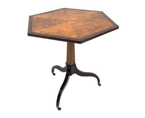Regency style birdseye maple and rosewood tripod table, hexagonal tilt top with segmented veneer and banding, tapered hexagon