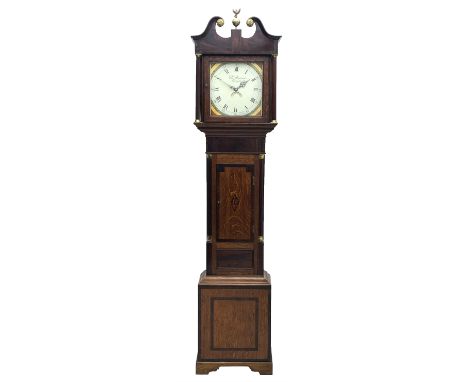 Early 19th century oak and mahogany longcase clock, scrolled swan neck pediment over figured frieze, square enamel Roman and 