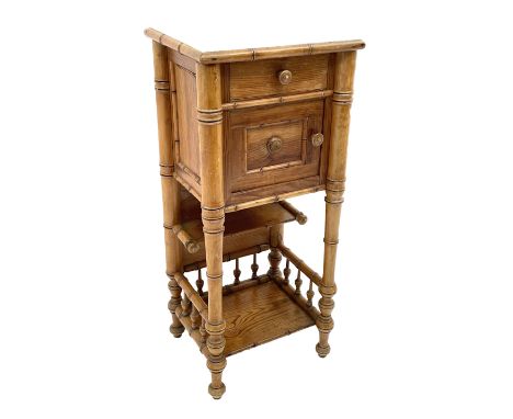 20th century French simulated bamboo and pitch pine bedside pot cupboard, inset white marble top, single drawer above cupboar