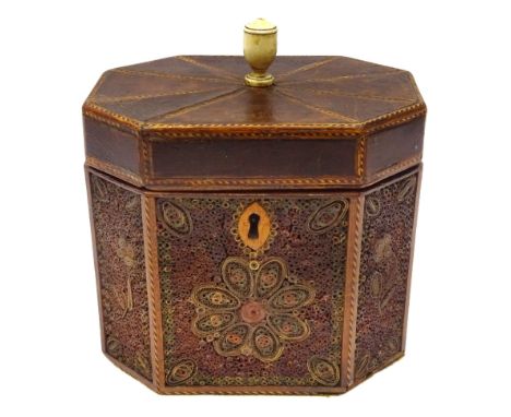 George III mahogany and quillwork tea caddy, of octagonal form, the base decorated with gilded paper scrolls in the form of s