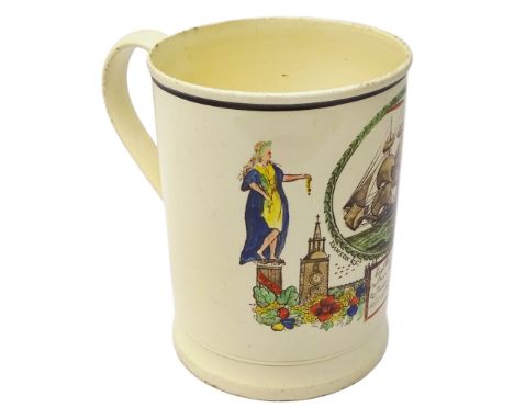 Early 19th century Sunderland Dawson &amp; Co creamware pottery mug, the cylindrical body black transfer printed and polychro