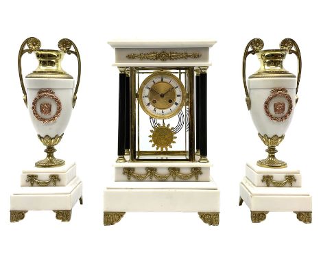 Late 19th century French Empire style clock, with white marble garniture de cheminee, white enamel Roman chapter ring with en