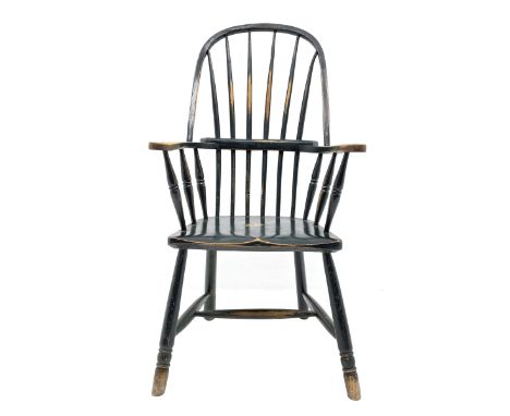 19th century ash and beech Windsor chair, high hoop and stick back, turned supports with H stretcher, green paint finish 