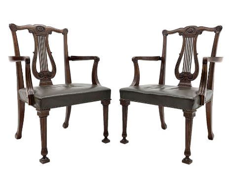 Pair late 20th century cherry wood Chippendale style elbow chairs, the shaped cresting rail relief carved with flower head, p
