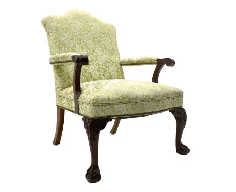 Gainsborough style open armchair, shaped cresting rail and back over curved arms with scroll carved terminals, upholstered in