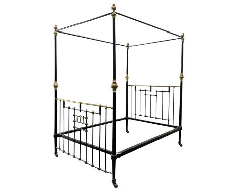 Wessex Antique Bedsteads - Victorian and later 5' Kingsize brass and black painted iron four poster bedstead, with decorative