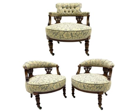 Edwardian walnut three piece drawing room salon suite - pair tub shaped occasional chairs and nursing chair, upholstered in c