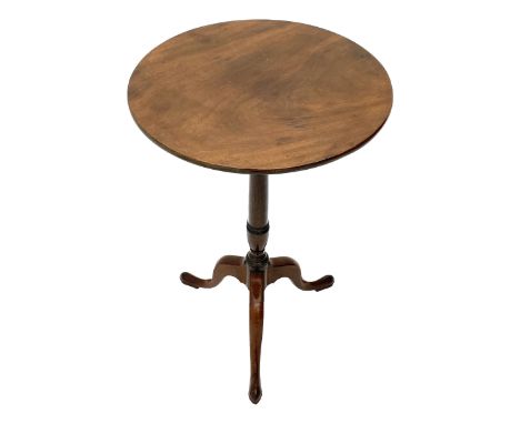 George III mahogany tripod table, circular figured top on collar turned stem, three splayed supports with spade feetDimension